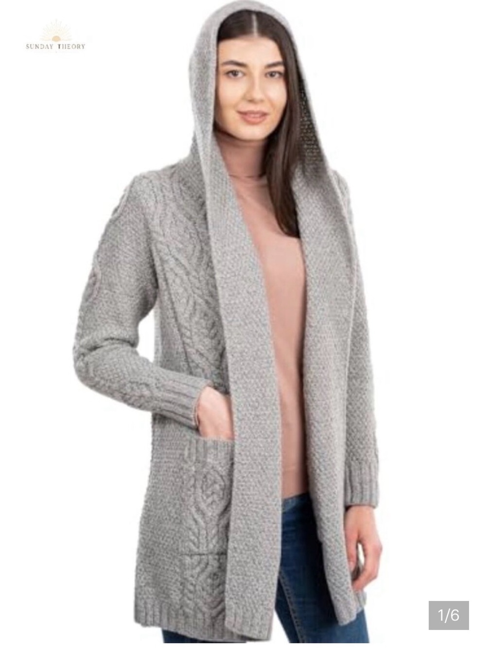SAOL 100% Merino Wool Women's Aran Open Front Long Cardigan Sweater Irish Cable